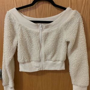 White Fluffy Cropped/Off the Shoulder/Zipper Top